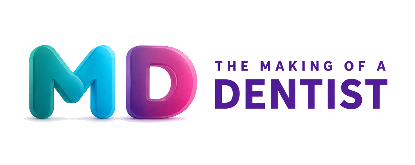 The Making of a Dentist wordmark: a glossy teal-to-cyan M and a purple-to-magenta D.